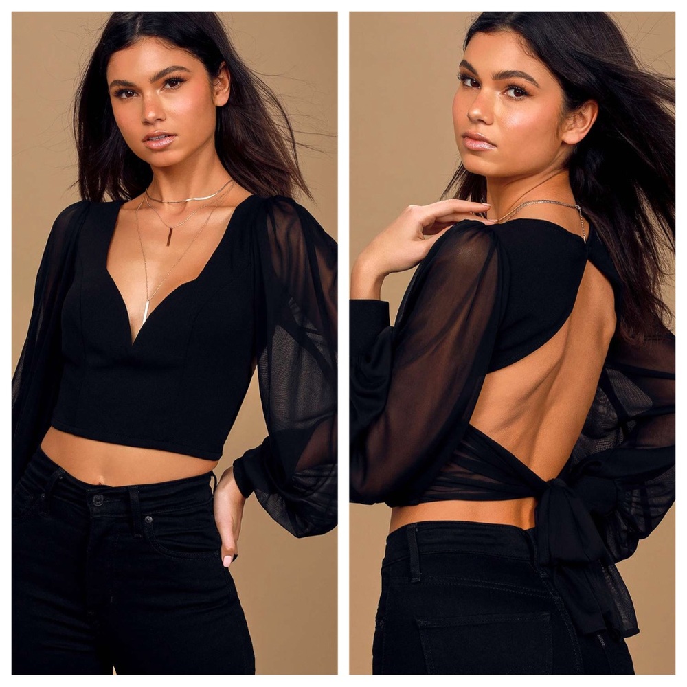 Lulus Starting The Party Black Mesh Balloon Sleeve Backless Crop Top XS